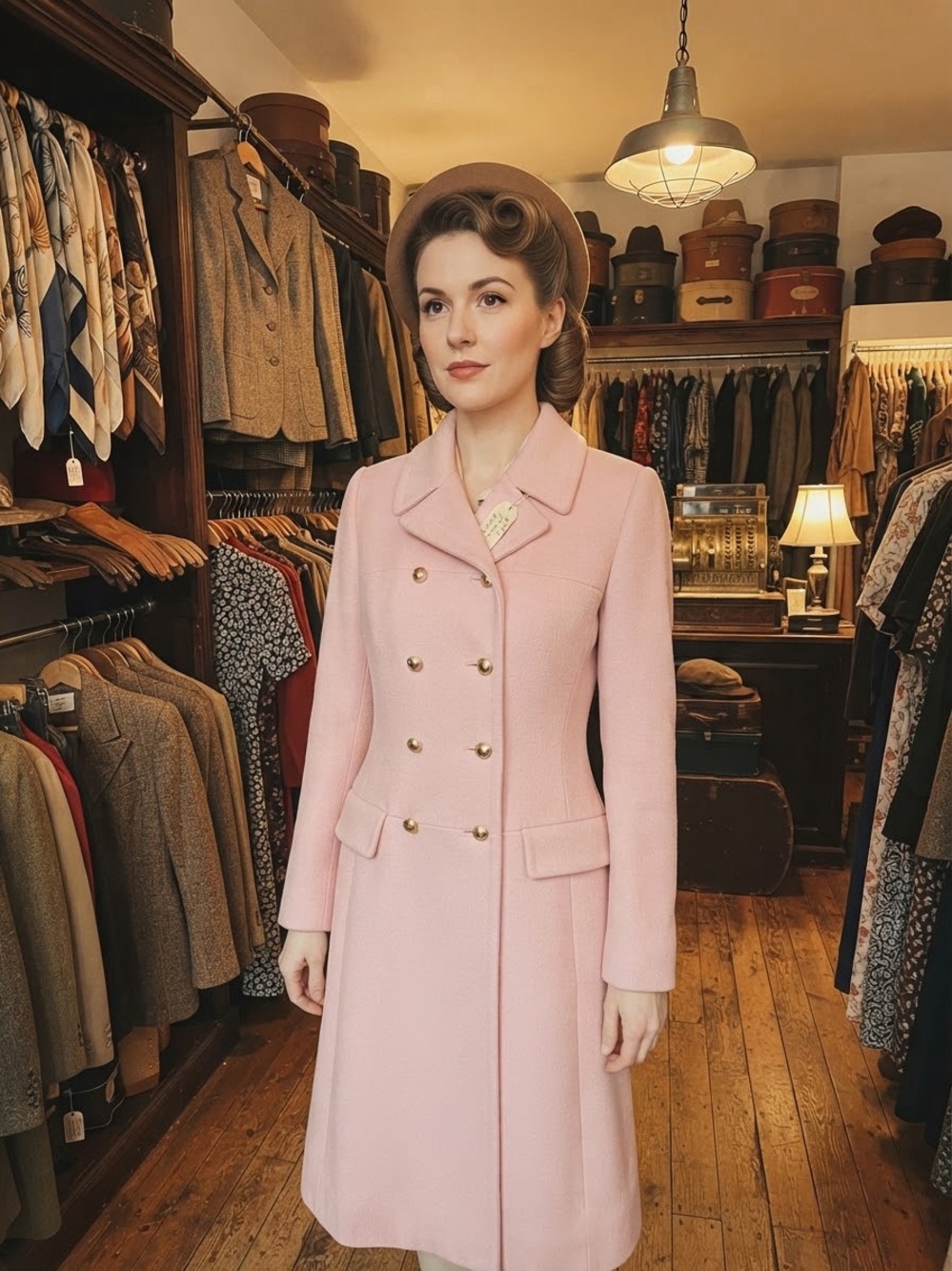 Vintage Handmade Tailored Double-Breasted Pink Wool Pea Coat Satin Lining
